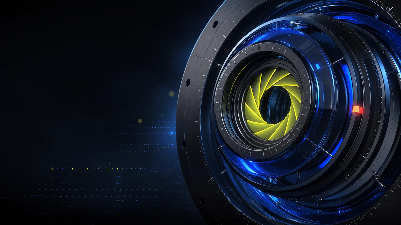 A cinematic precision aperture with a fixed graphite strike ring, cobalt glass channels, and acid-yellow claim blades.